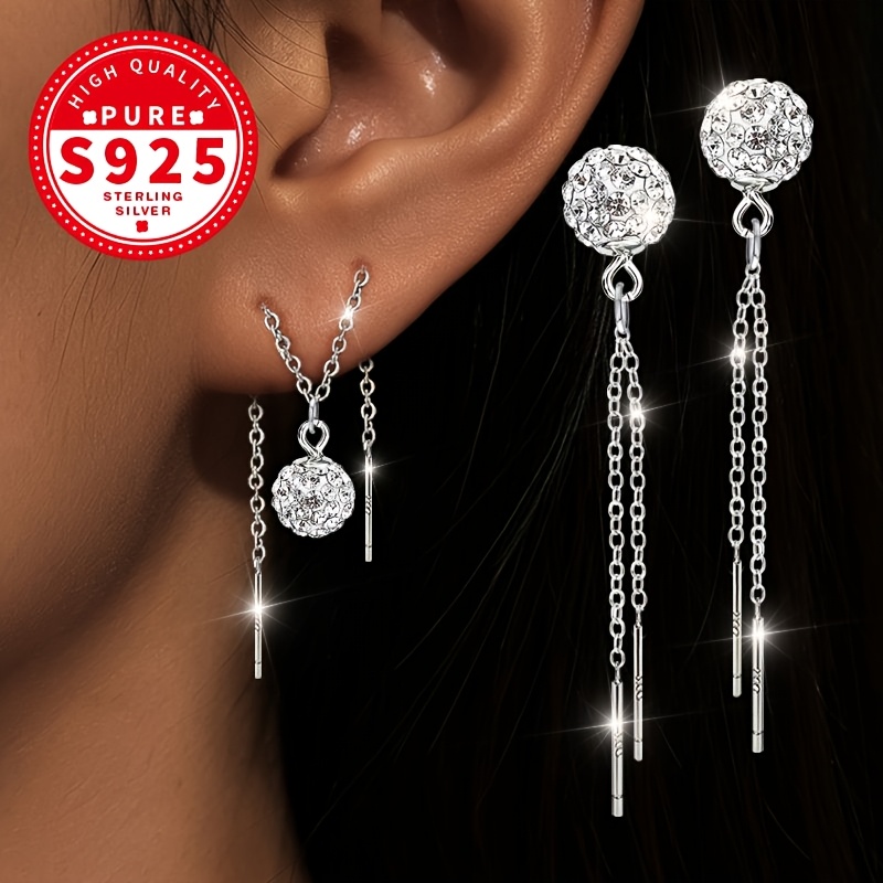 Women's S925 Silver Shambala Ball Double Chain Ear Threads, Elegant Gift